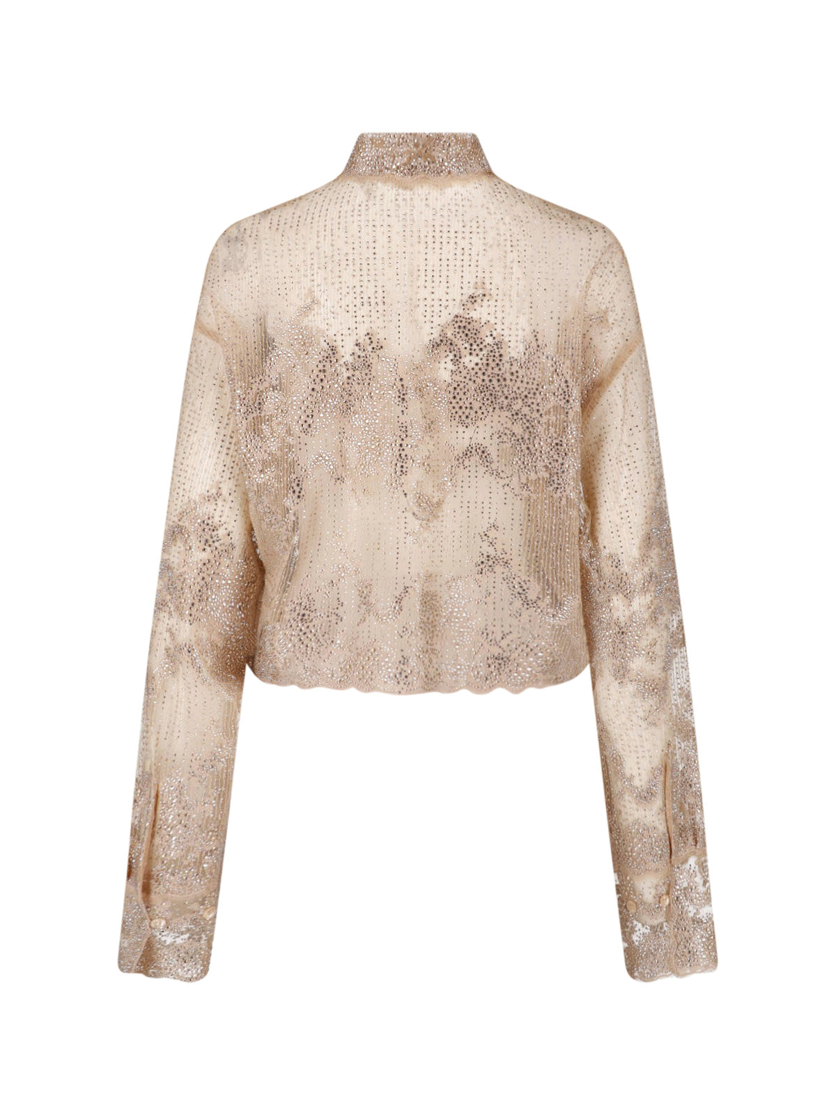 Beige Lace Rhinestone Classic Collar Shirt
