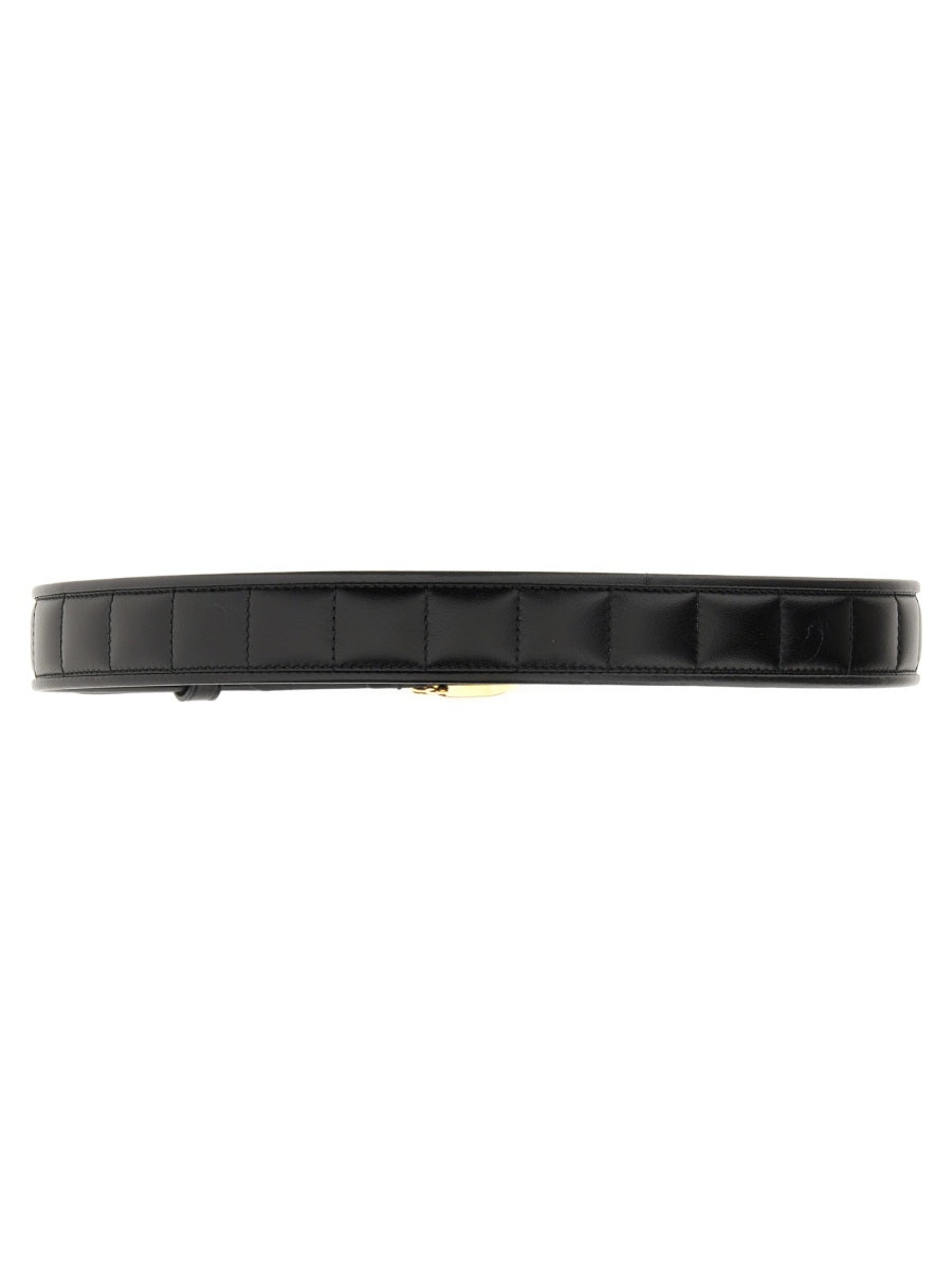 Black Quilted Leather Belt with Gold Cross Buckle
