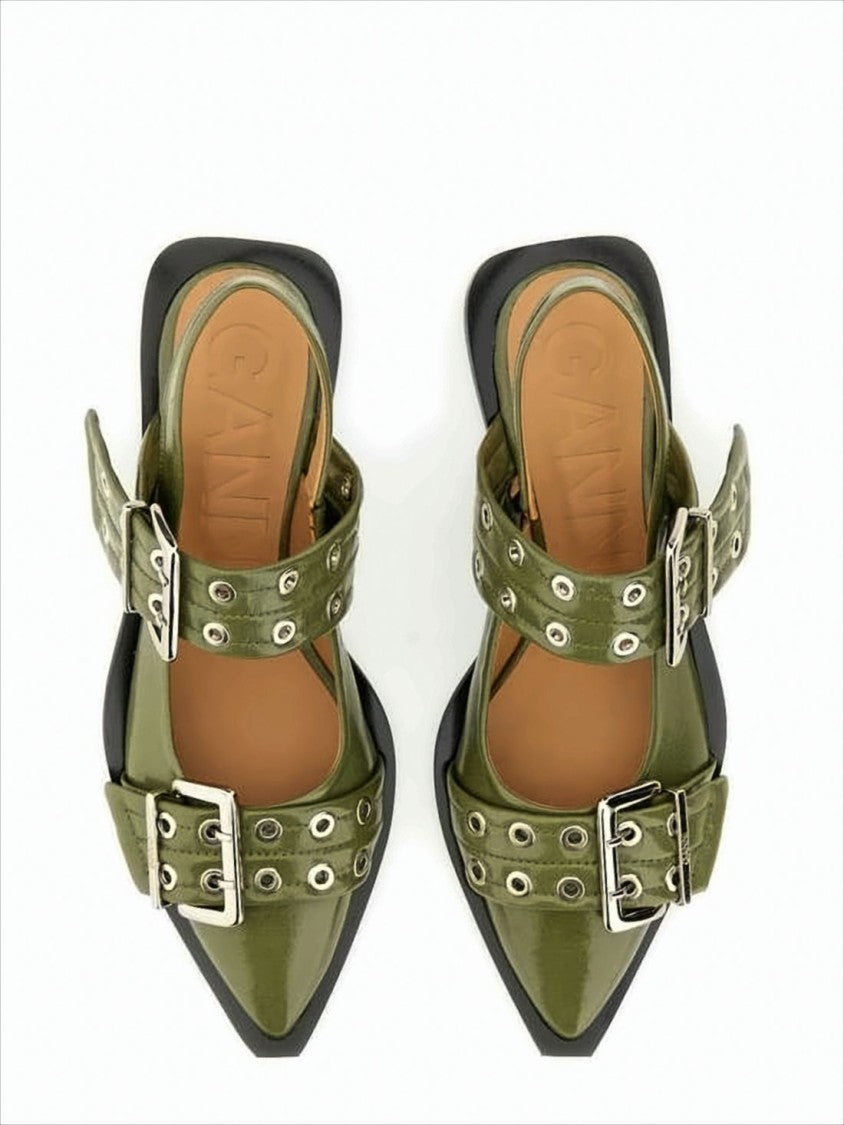 Glossy Olive Green Leather Flat Shoes with Buckle Detailing