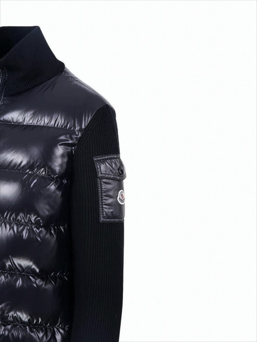 Quilted Down Coat with Textured Knit Sleeves