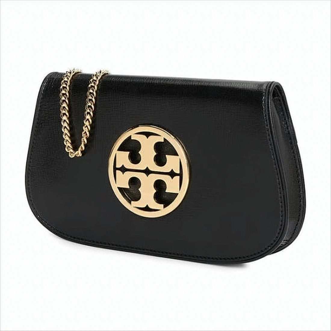 Smooth Leather Shoulder Bag with Curved Silhouette and Gold-tone Chain