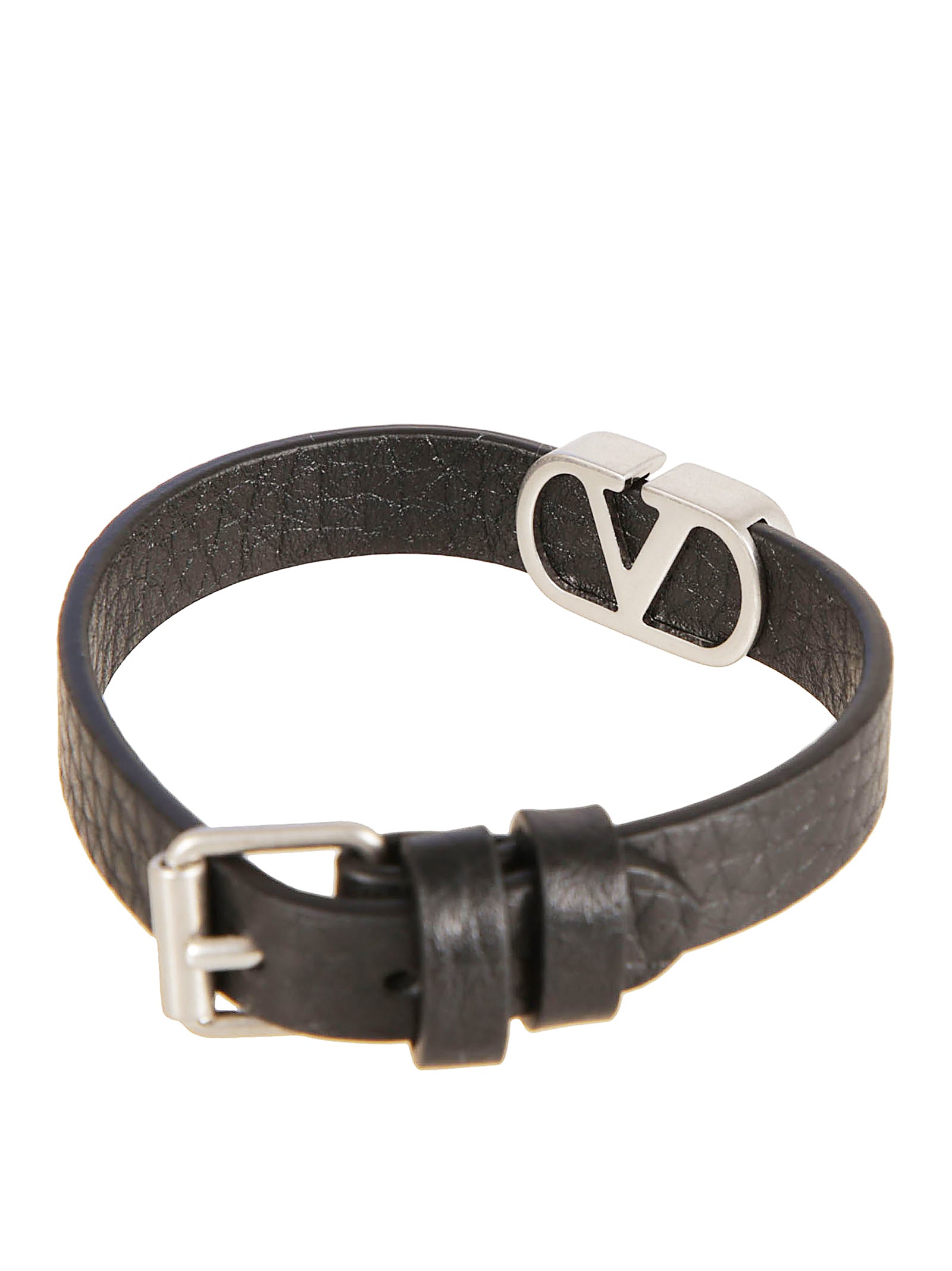 Textured Black Leather Bracelet with VLogo Centerpiece