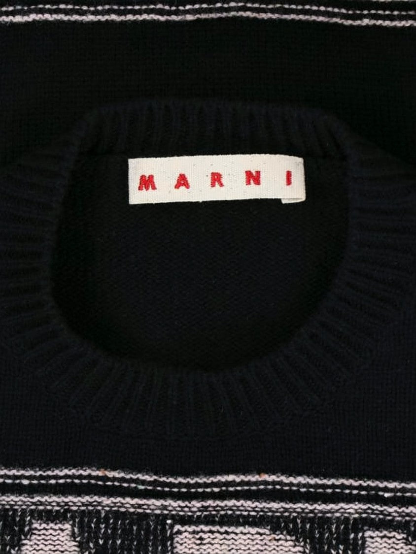 Textured Logo Black Wool Sweater with Cropped Fit