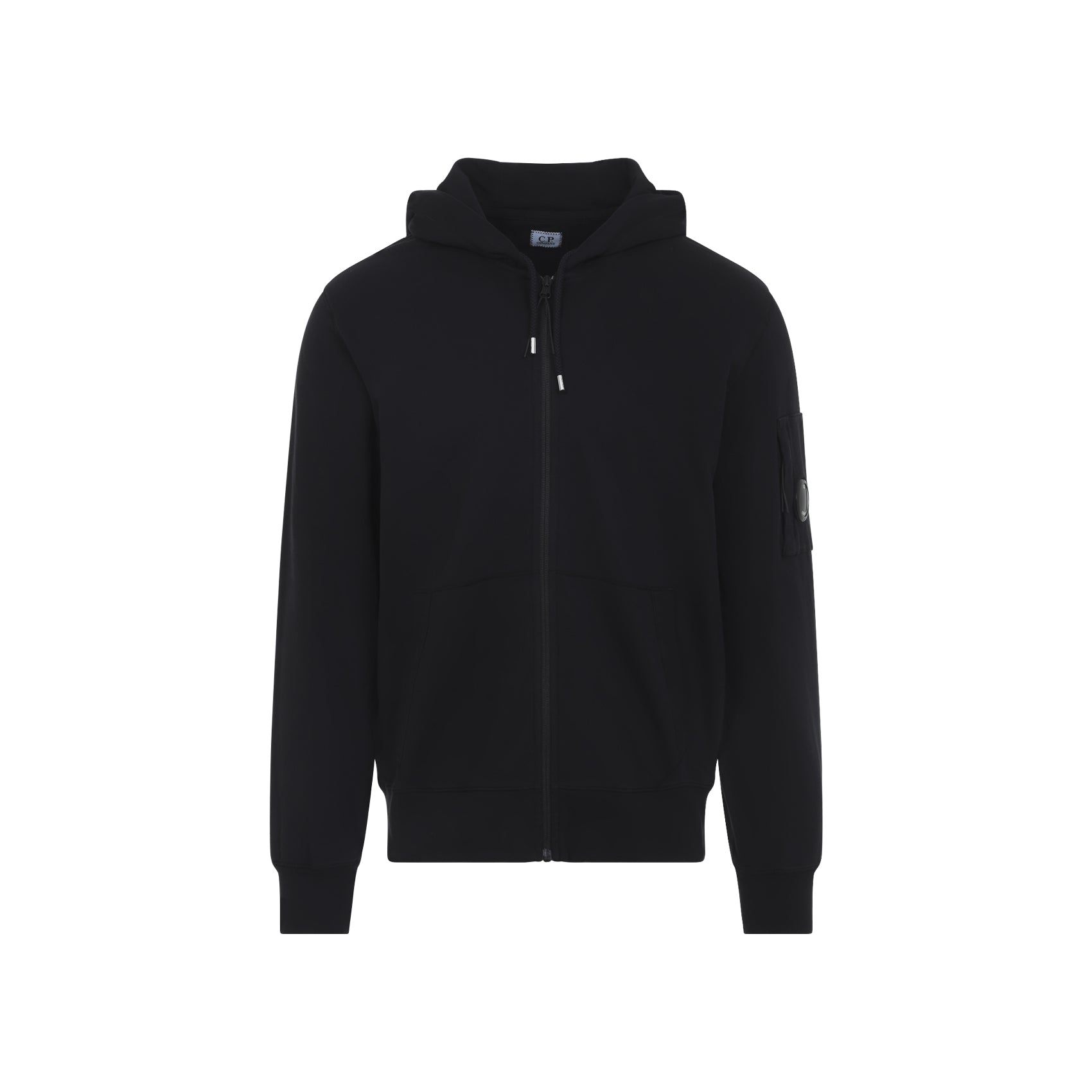 Black Cotton Zip-Up Hoodie With Drawstring Hood