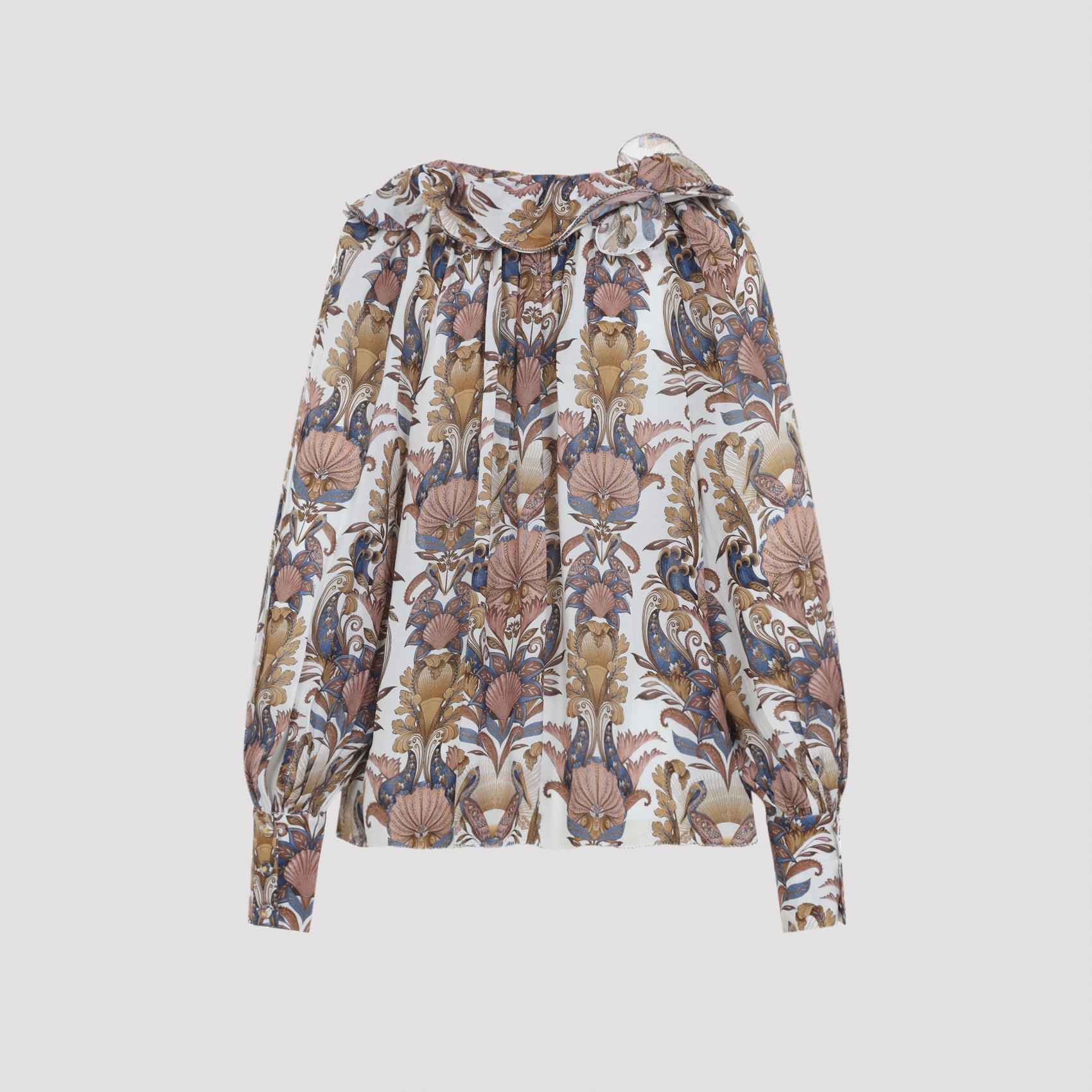Flowing Blouse With Floral Paisley Pattern And Ruffled Collar