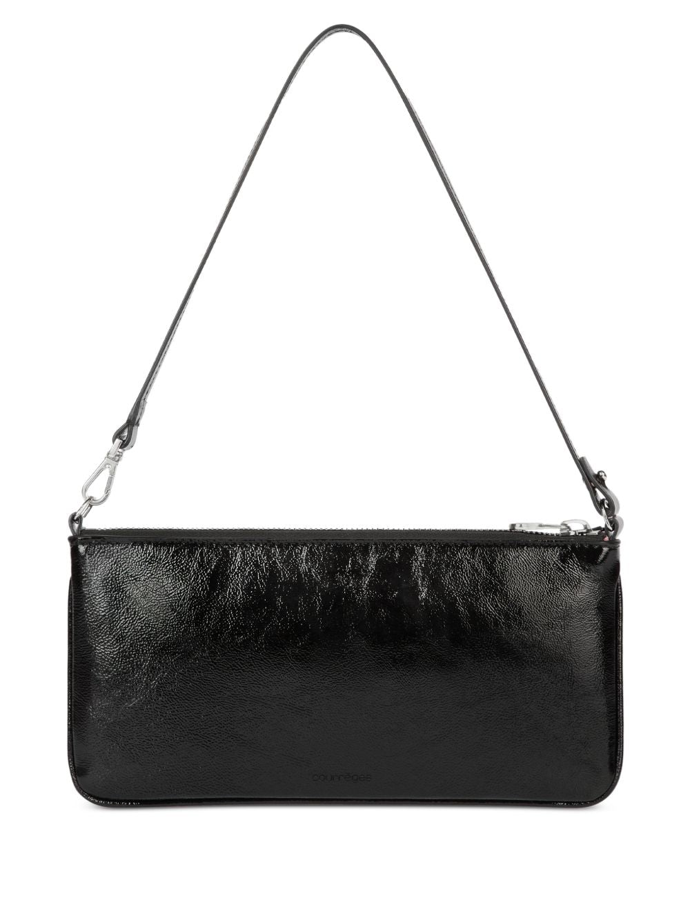 Rectangular Black Handbag with Glossy Finish and Silver Emblem