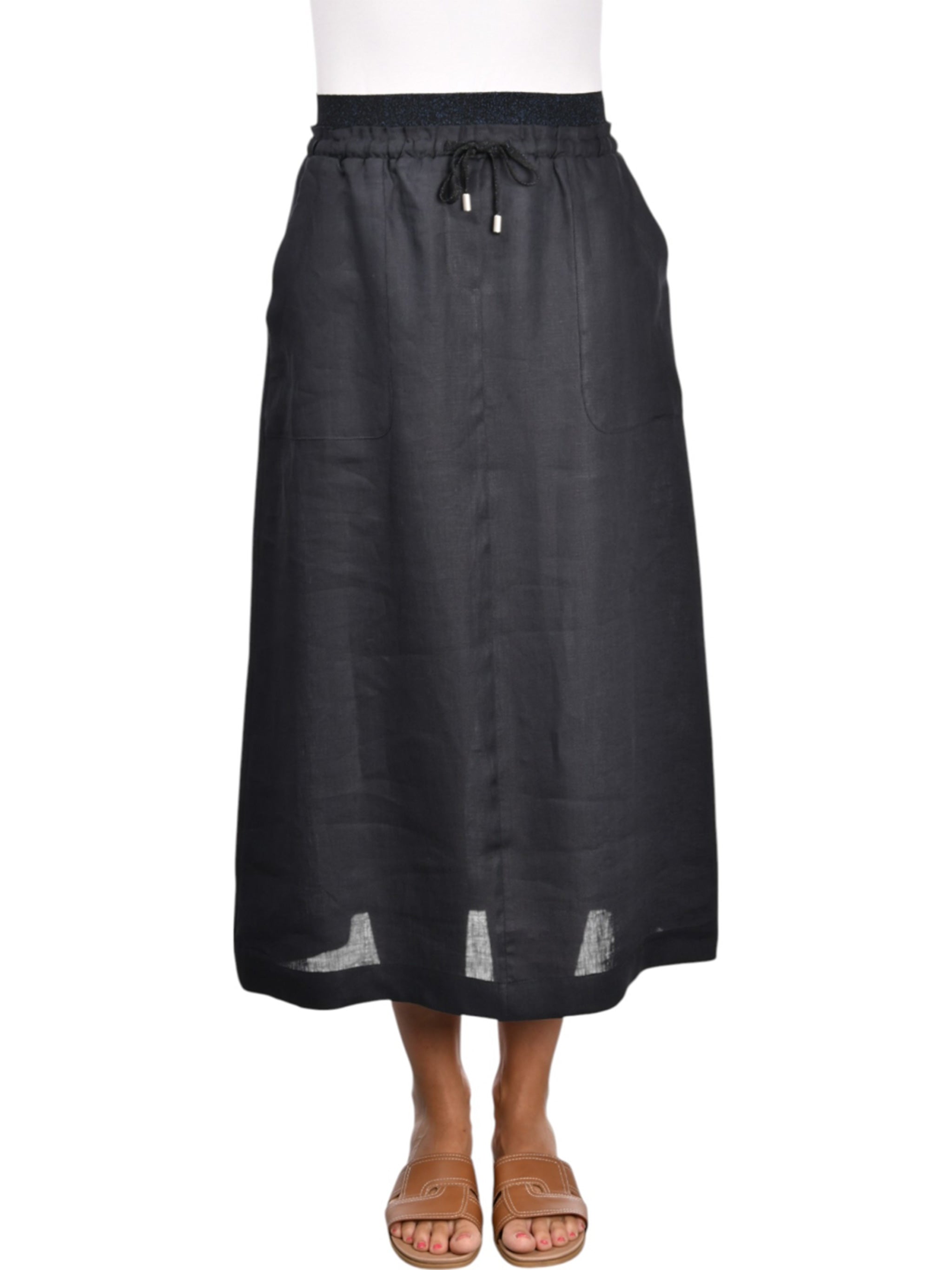 Black Gonna Elastic Waist Linen Skirt