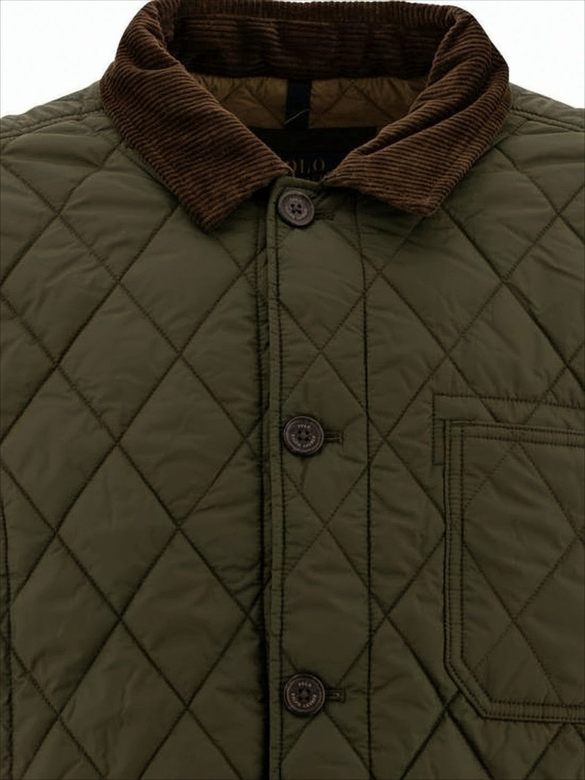 Quilted Green Jacket with Corduroy Collar and Padded Warmth