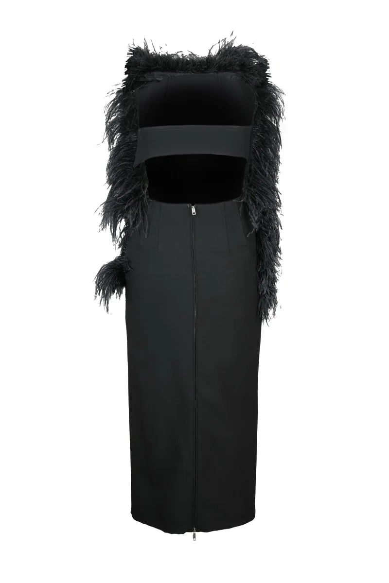 Midi Dress with Ostrich Feathers - Black