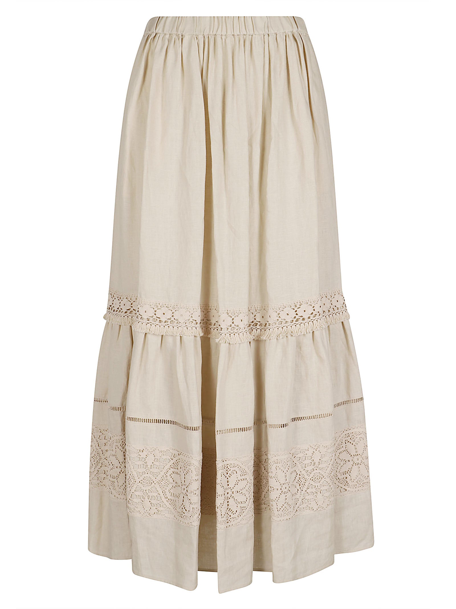 Gathered Linen Skirt with Lace Detailing and Cut-Out Patterns