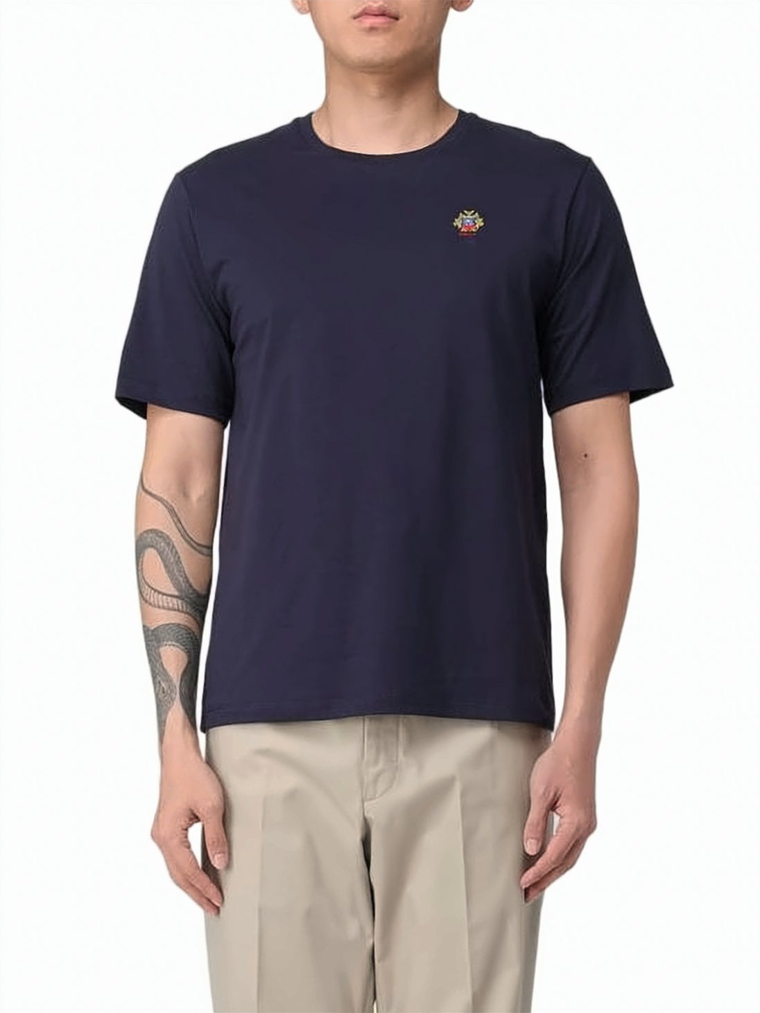 Blue Solid Cotton Embroidered Emblem T-Shirt