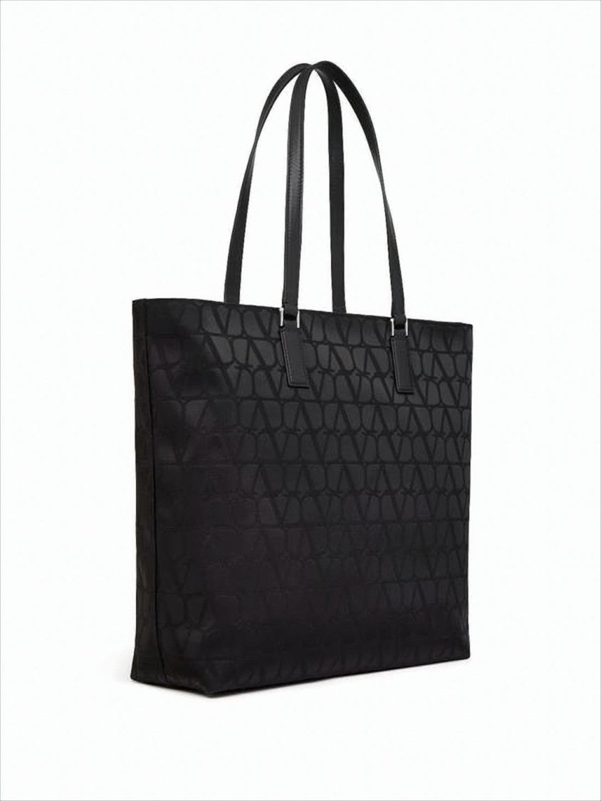 Structured Black Tote Bag with Embossed Logo Motif