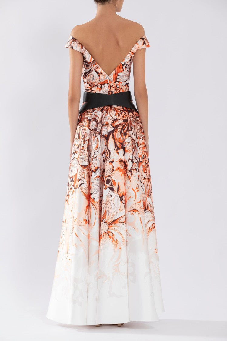 Mikado Printed Dress With Off-Shoulder Sleeves