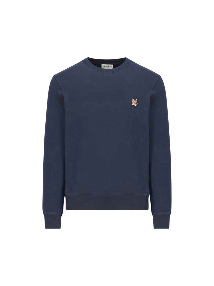 Long Sleeve Crewneck Sweatshirt In Solid Deep Blue With Embroidered Fox Logo