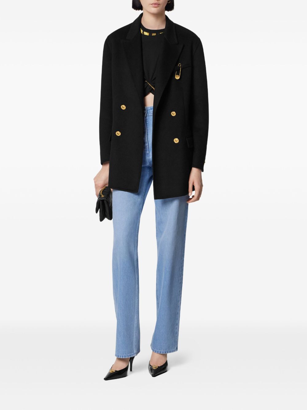 Double-Breasted Black Coat with Gold-Tone Accents