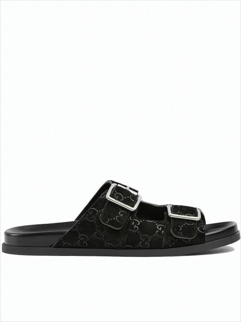 Monogram-Patterned Black Suede Sandals