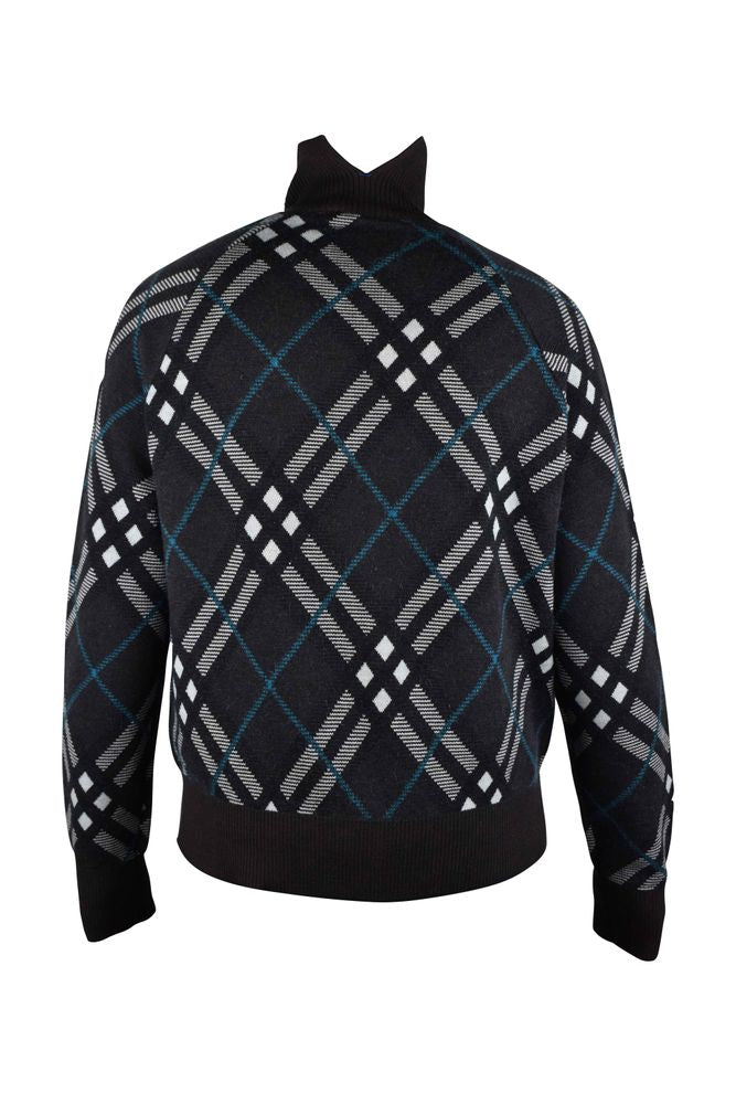 Check Pattern Wool Cardigan With High Collar