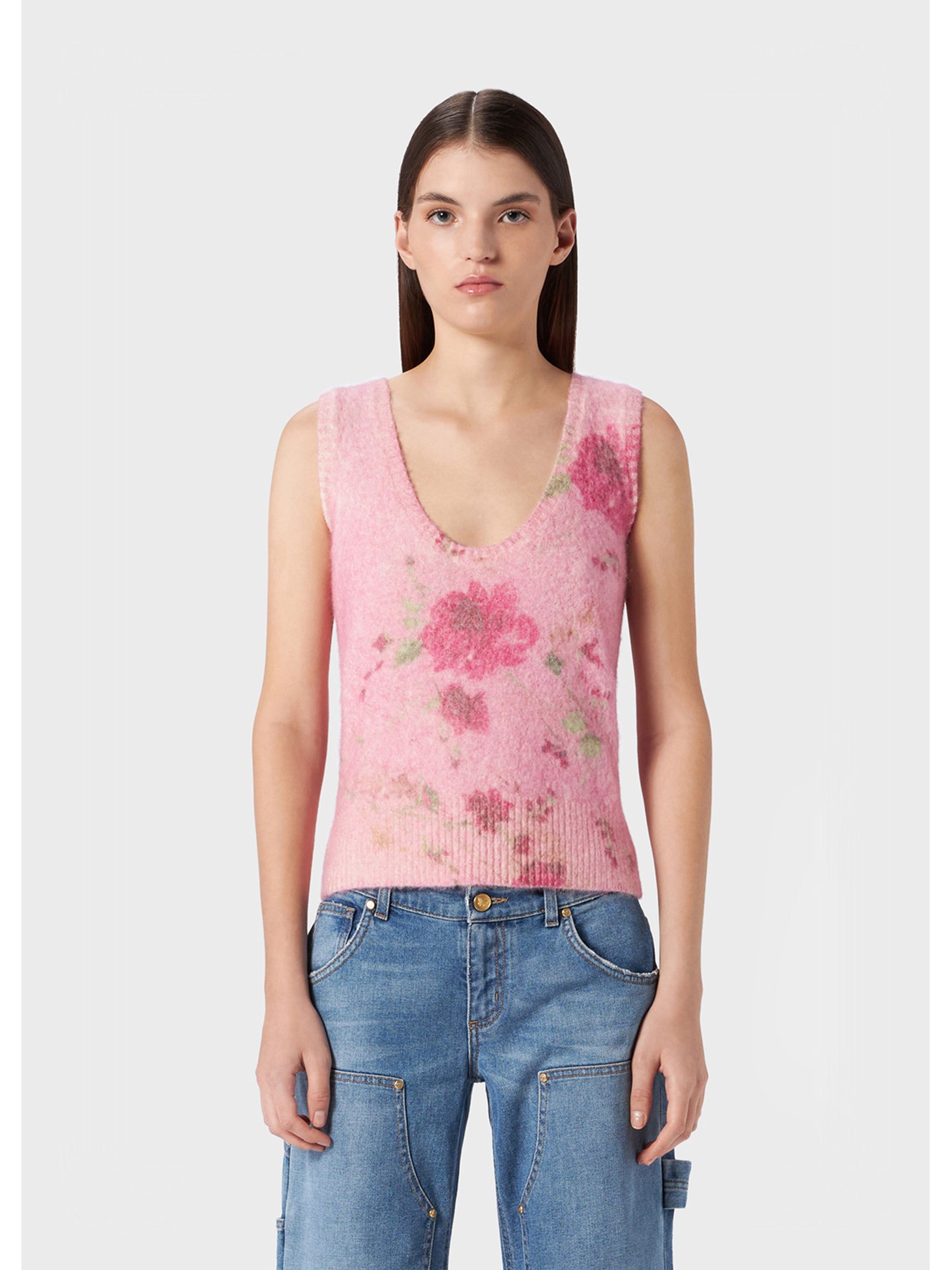 Sleeveless Alpaca Blend Floral Knit Top