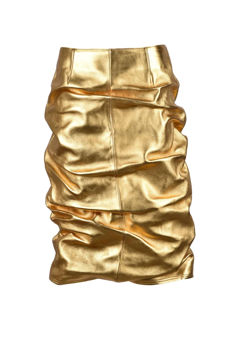 Leather Midi Skirt - Gold