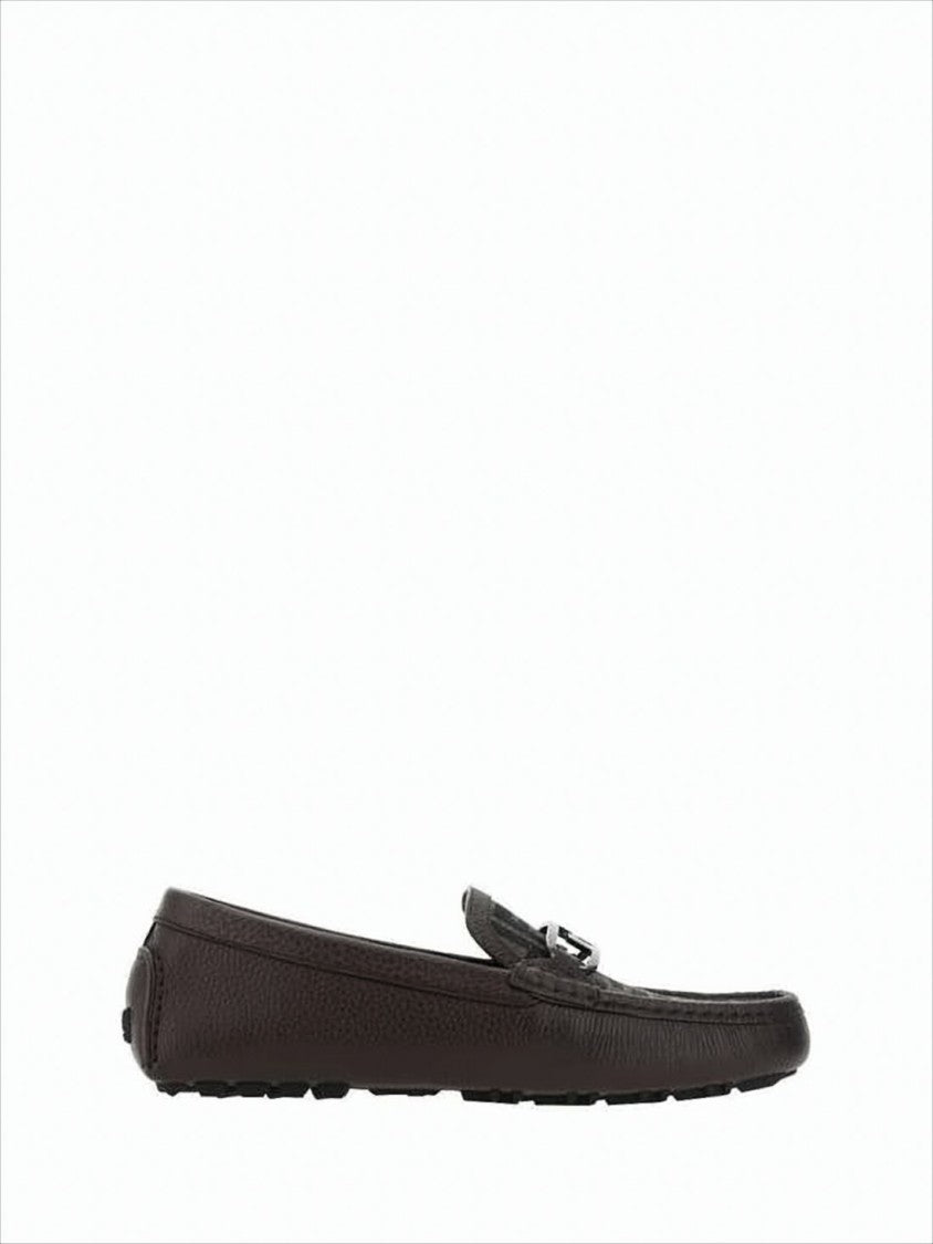 Textured Leather Loafers with Metallic Buckle Detail
