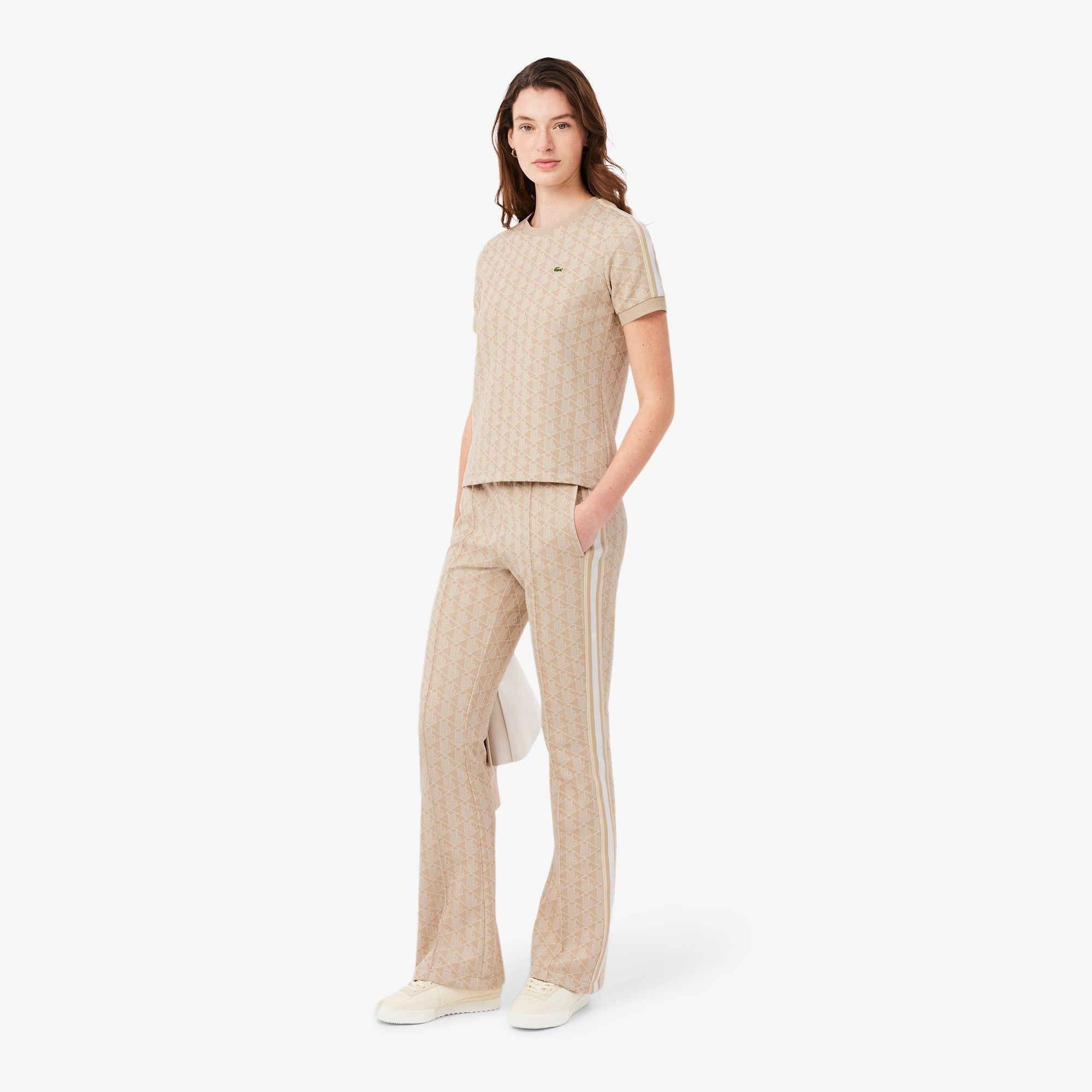 Beige Knit Wide-Leg Pants with Geometric Pattern