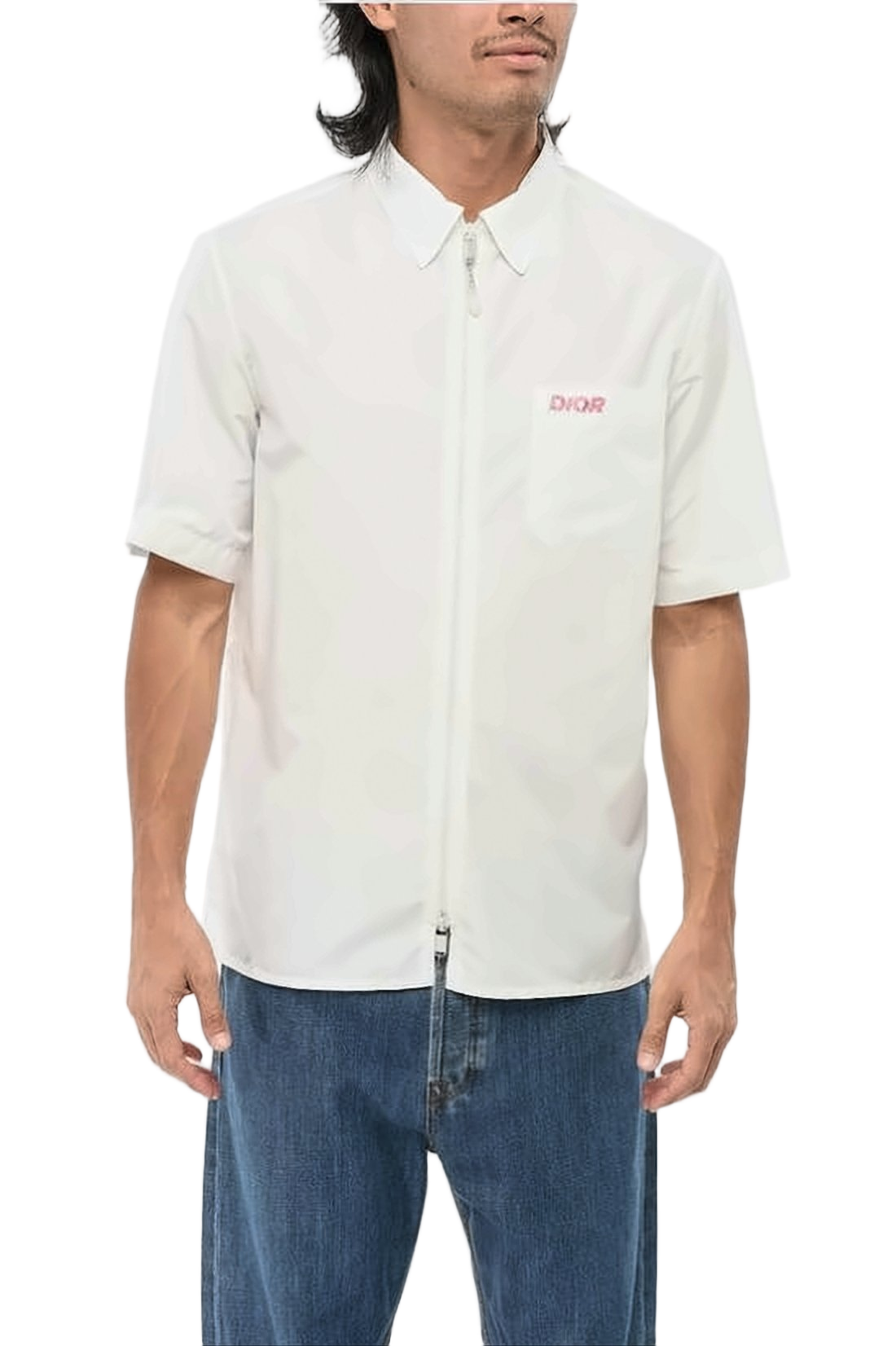 Short-Sleeve White Shirt with Front Zipper