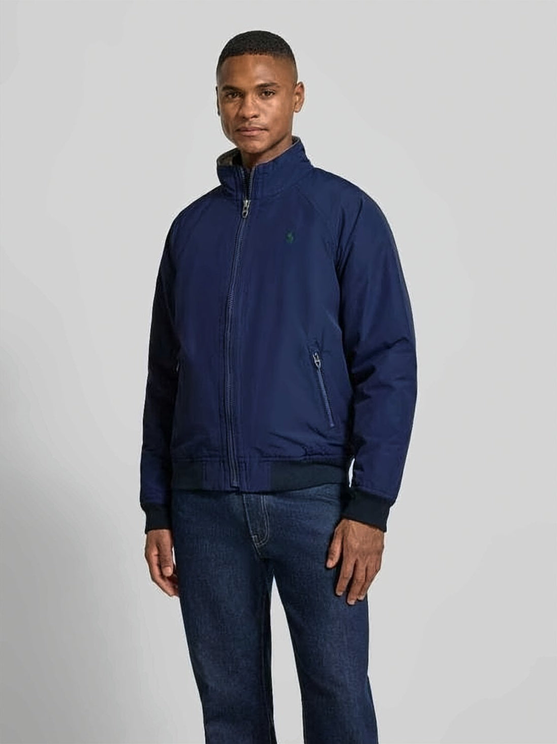 Blue Solid Front Zipper Stand Collar Jacket