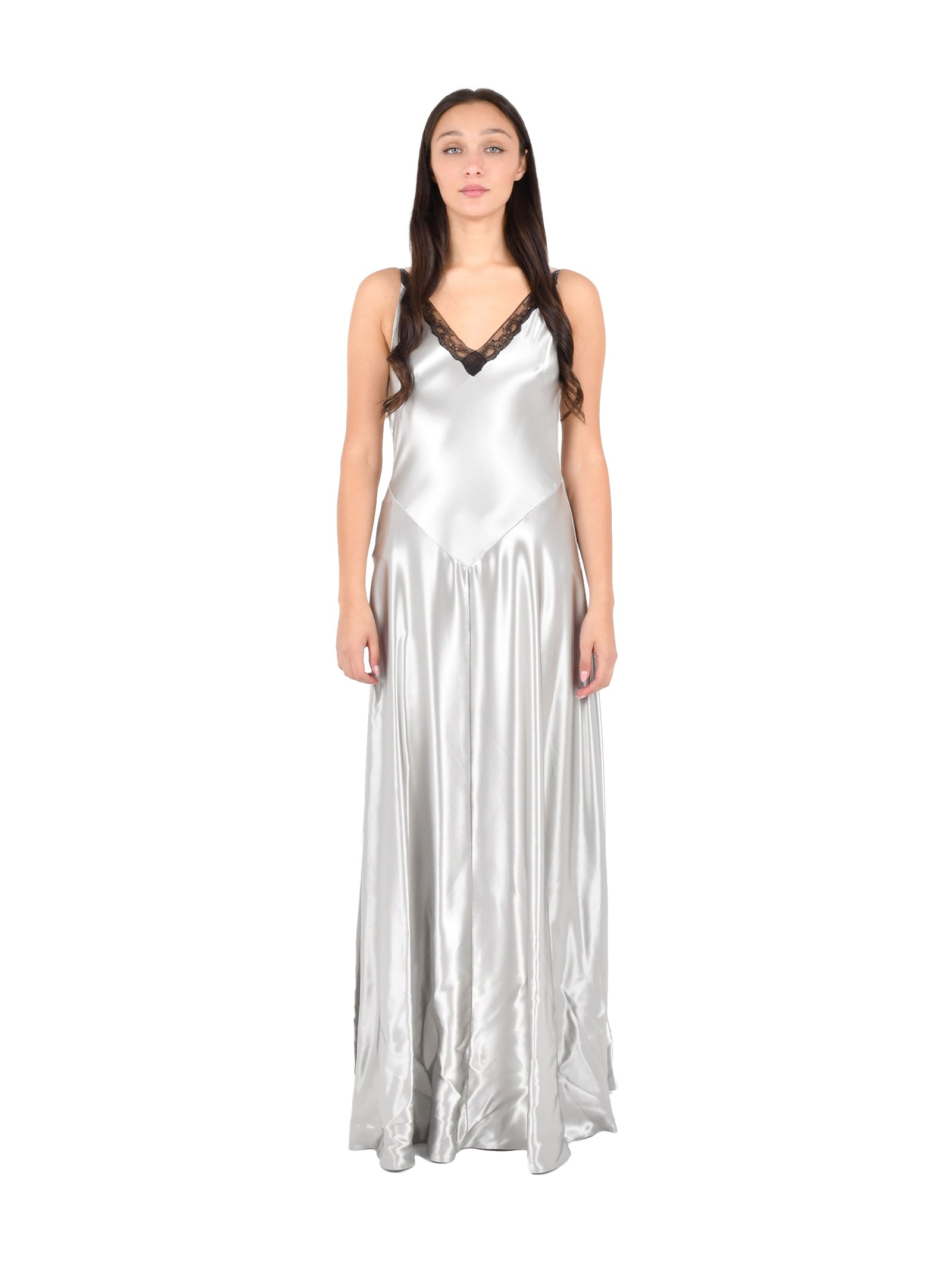 Silver Satin Maxi Dress With Lace Inserts