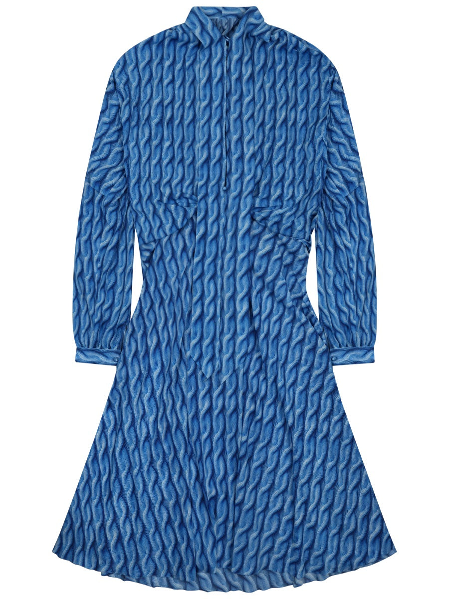 Textured Wave Print Midi Dress With Fitted Waist