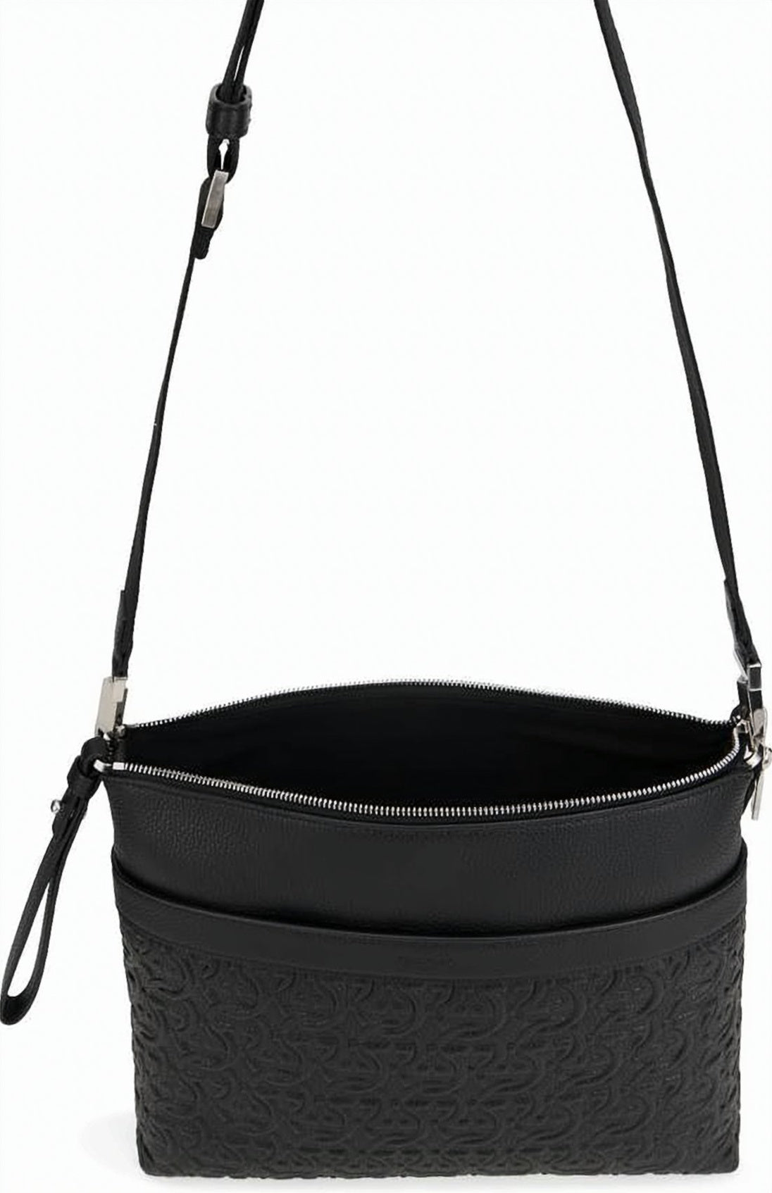 Black Embossed Calf Leather Crossbody Bag