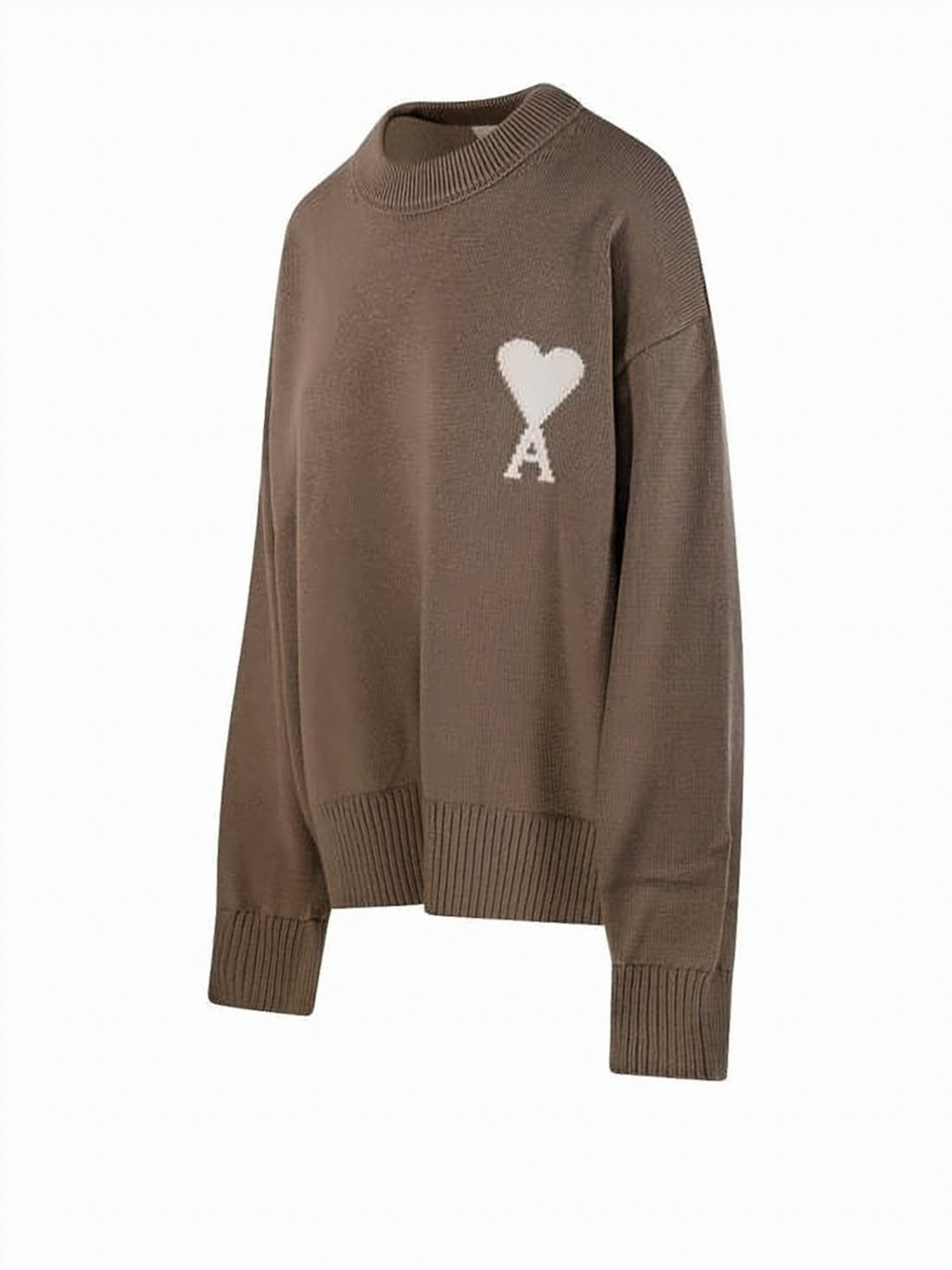 Knit Crewneck Sweater With Heart Motif In Brown