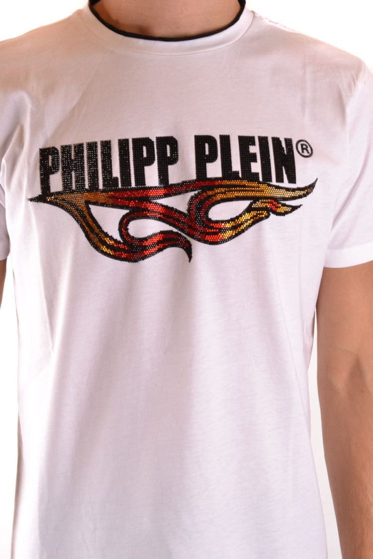 Graphic White T-Shirt With Flame Motifs