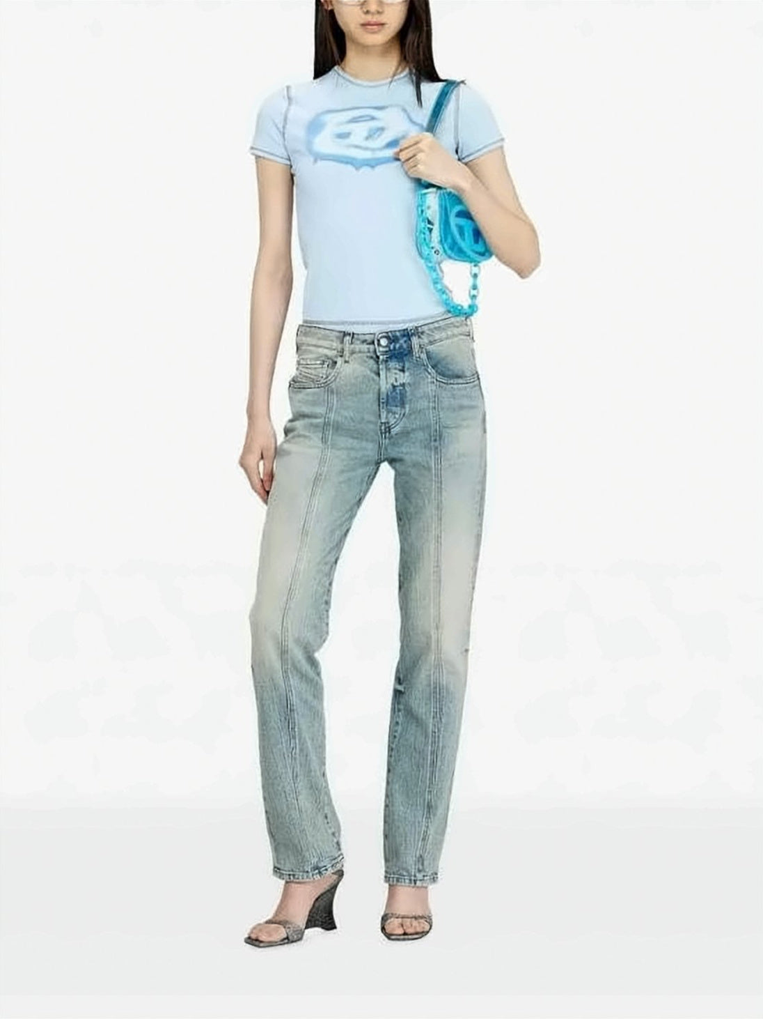 Slim Fit Light Blue T-Shirt with Cloud Graphic