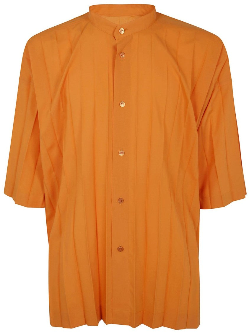 Pleated Short-Sleeved Mandarin Collar Shirt