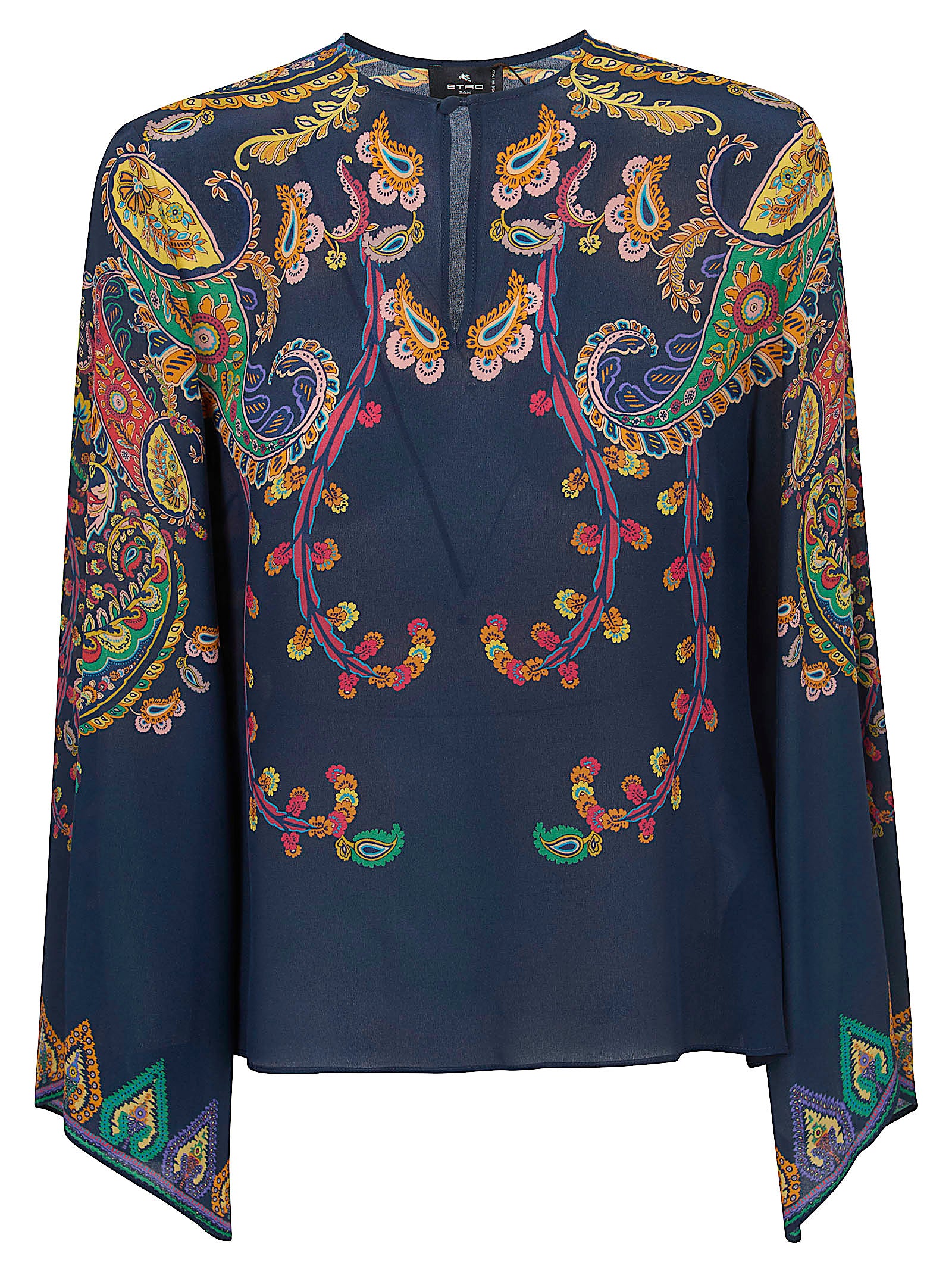Pure Silk Long Flared Sleeve Crewneck Blouse