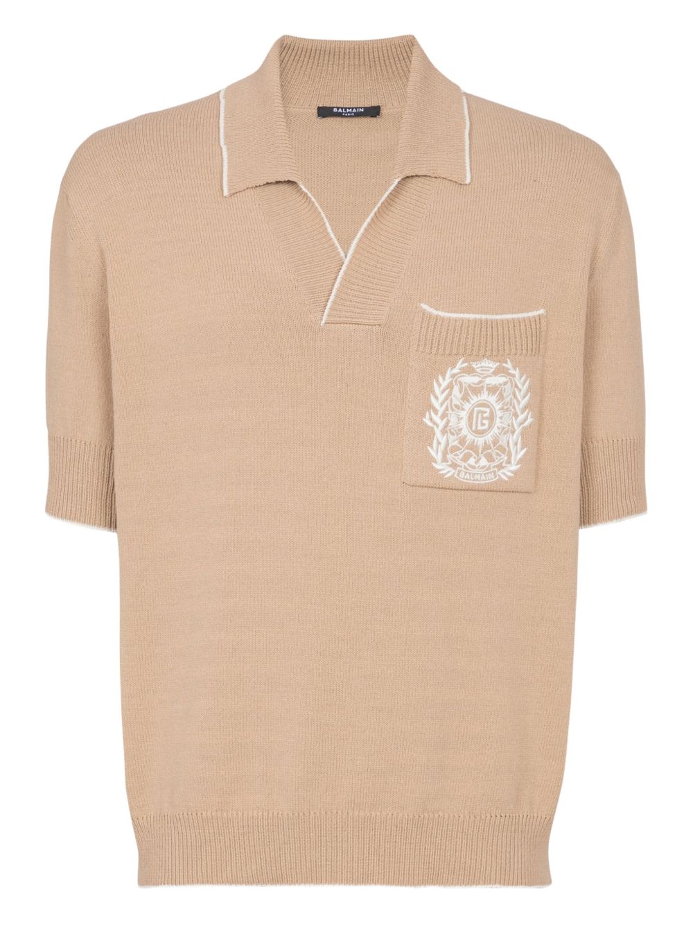Embroidered Logo V-Neck Beige Knit Polo Shirt