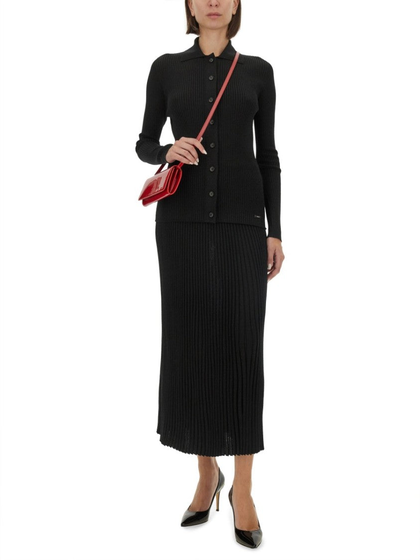 Black Ribbed Sweater With Classic Collar