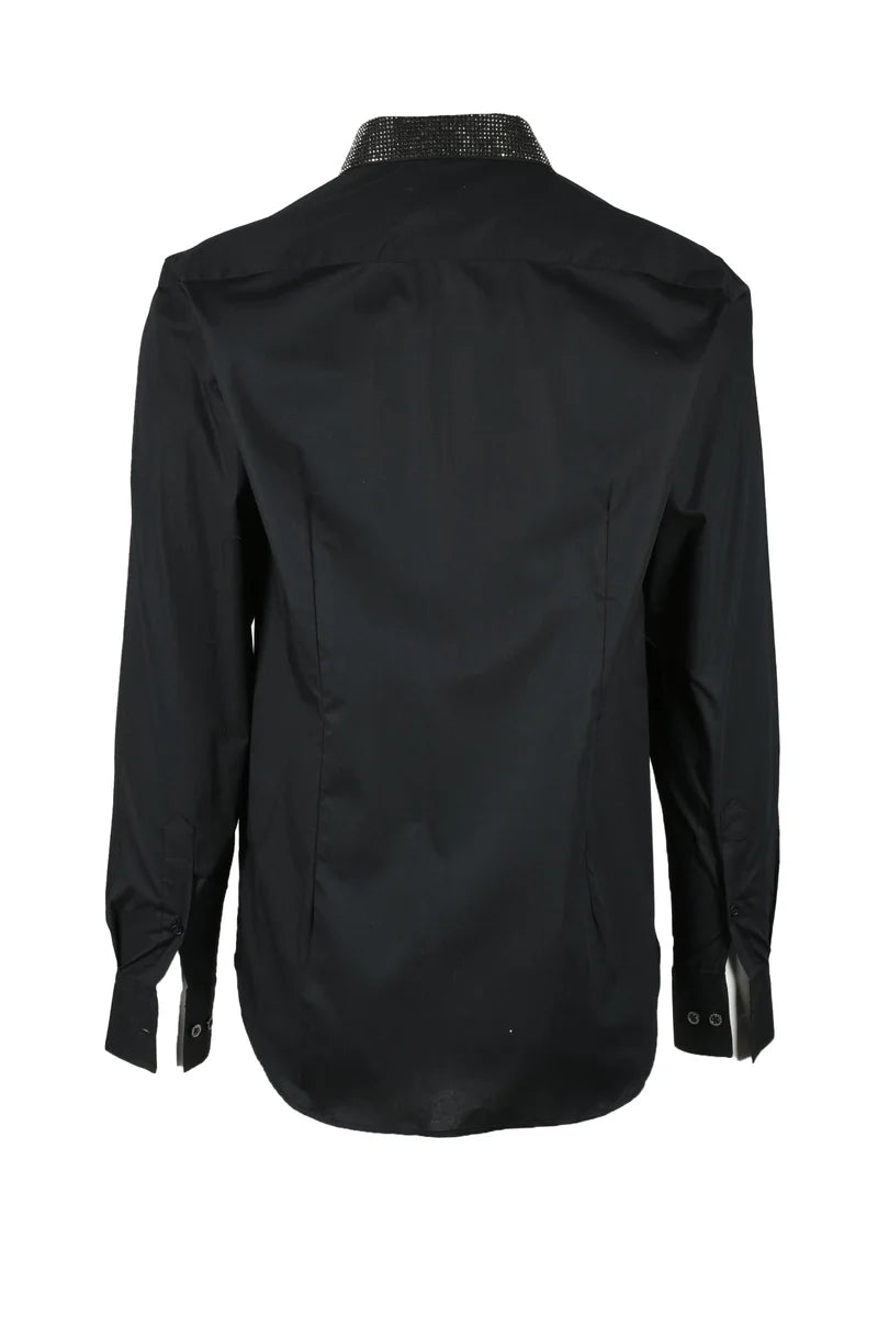 Long Sleeve Black Shirt with Textured Collar