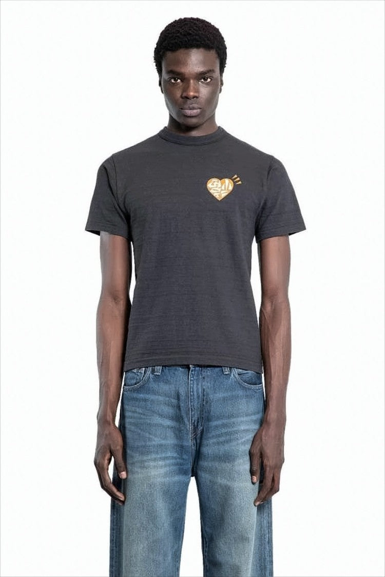Short-Sleeve Cotton T-Shirt with Heart and Snake Graphics