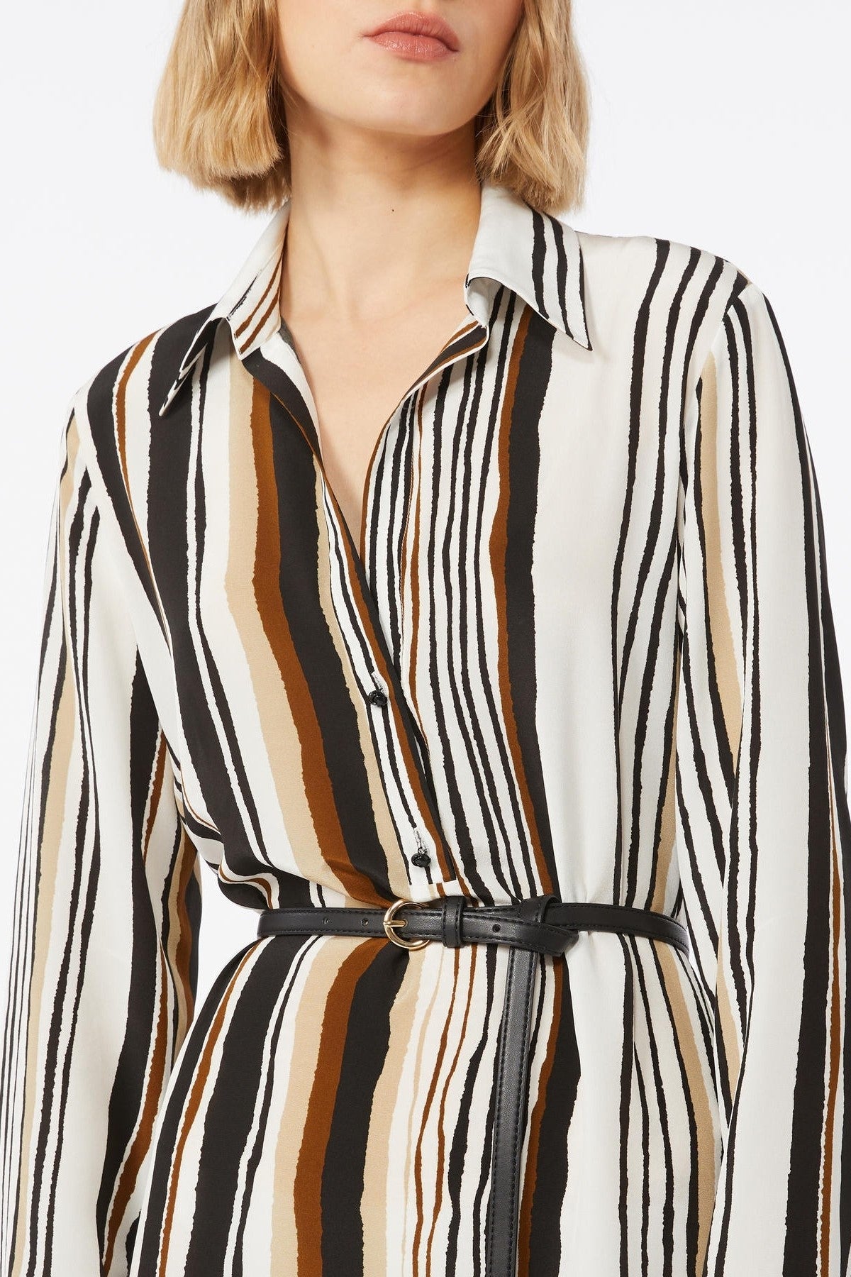 Long-Sleeved Midi Dress with Vertical Striped Pattern