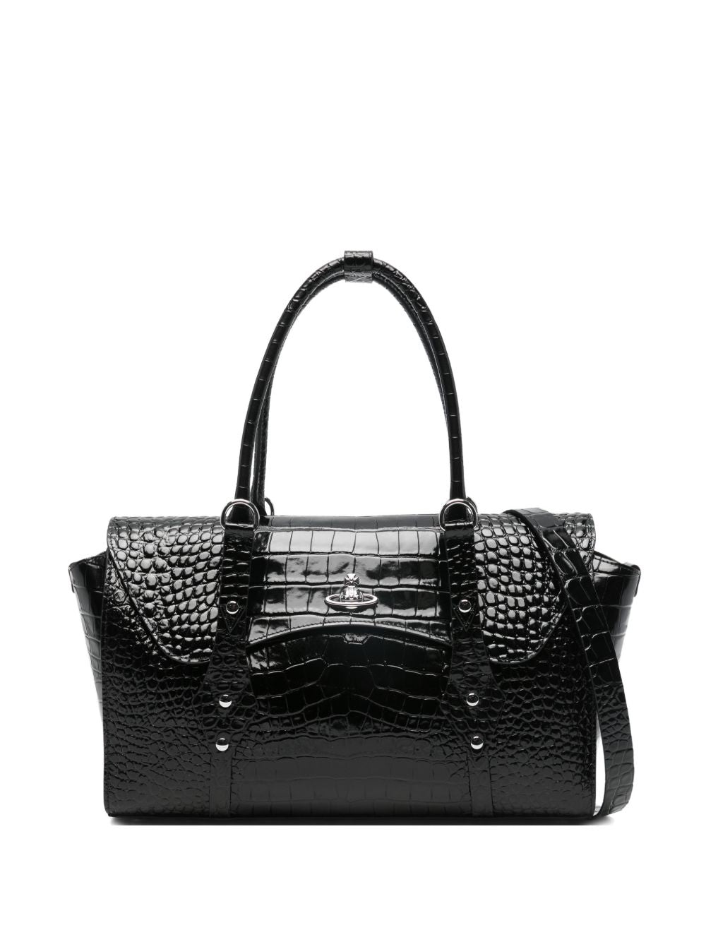 Crocodile-Embossed Black Shoulder Bag With Metallic Emblem