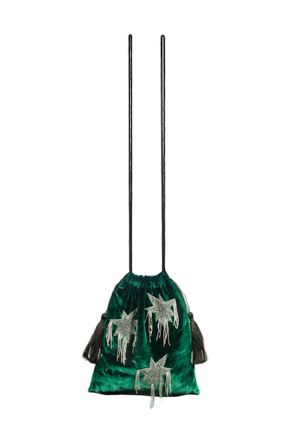Small Green Velvet Drawstring Bag With Silver Embroidery