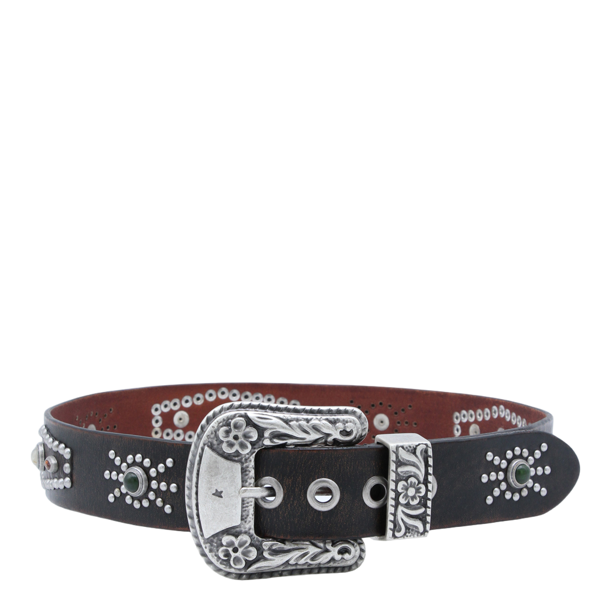 Dark Brown Leather Belt With Intricate Silver Engravings