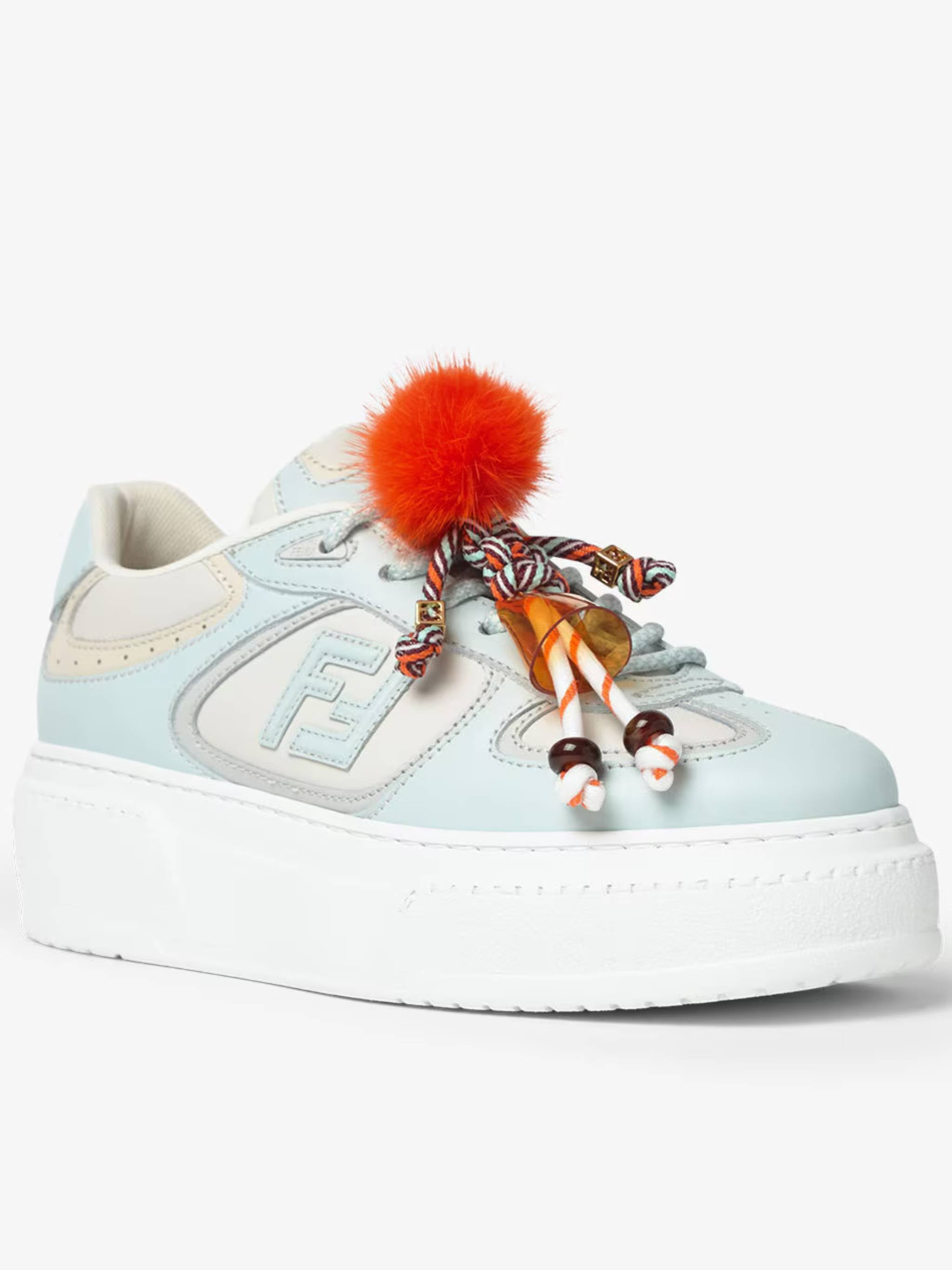 Pastel Blue and Cream Leather Sneakers with Detachable Accessories
