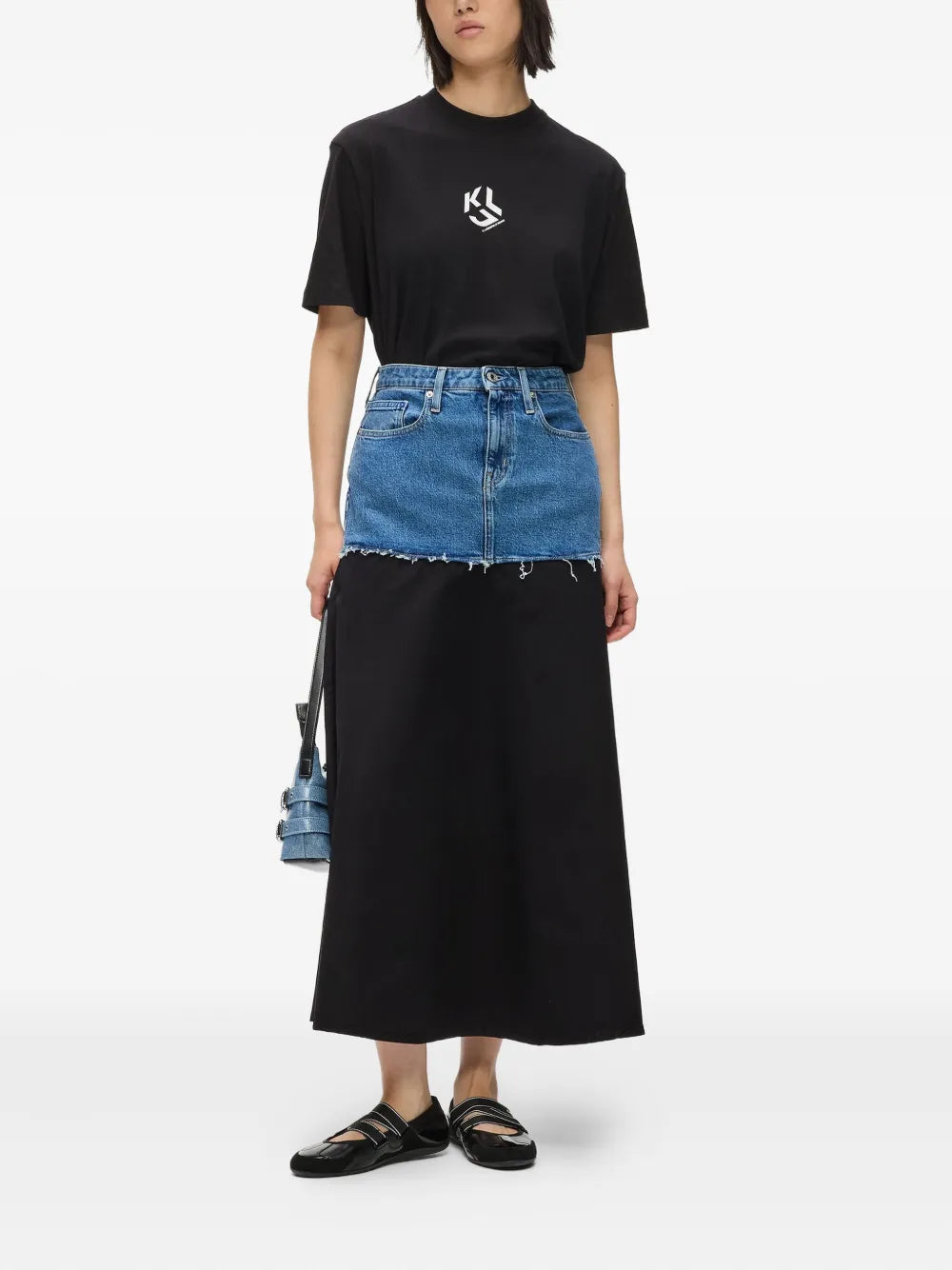 Midi Skirt with Denim-Effect Waist