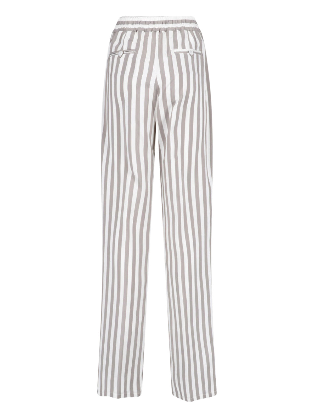 Beige Wide-Leg Vertical Striped Silk Trousers