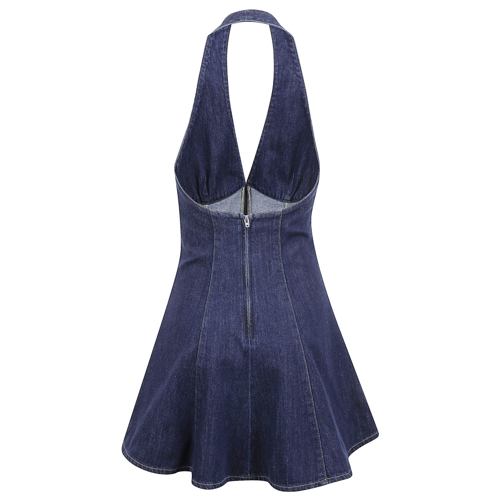 Dark Blue Denim Mini Dress with Halter Neckline