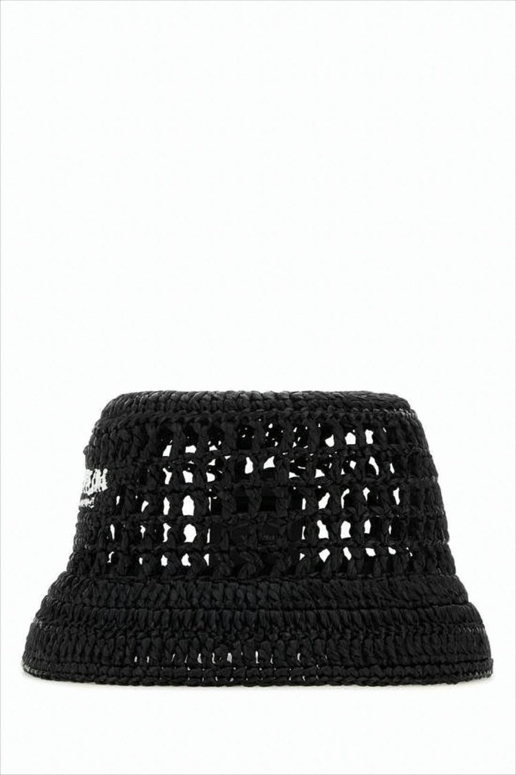 Black Crochet Bucket Hat With Structured Brim And Embroidered Logo