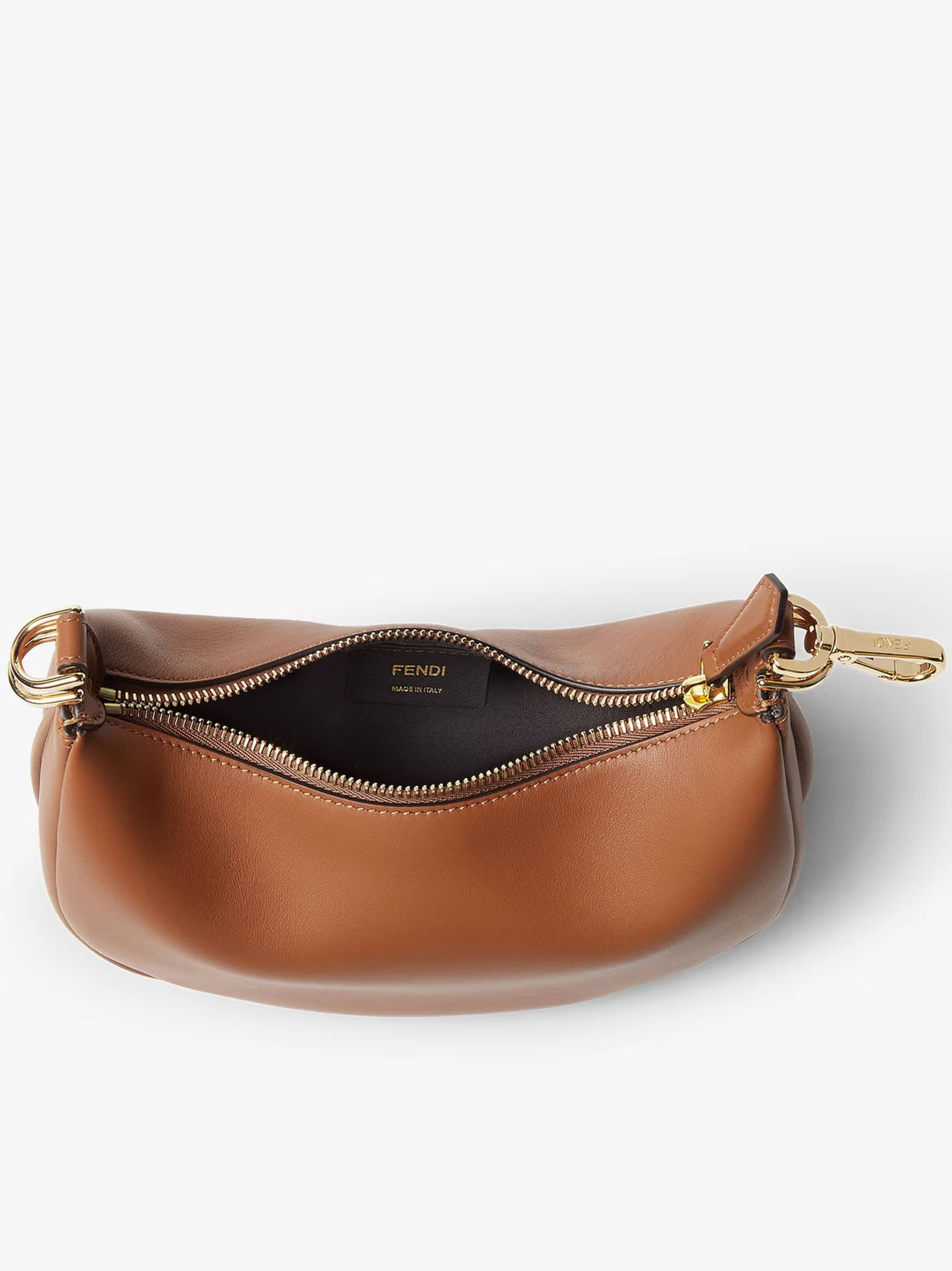 Crescent-Shaped Leather Handbag with Polished Finish and Bold Letter Embellishments