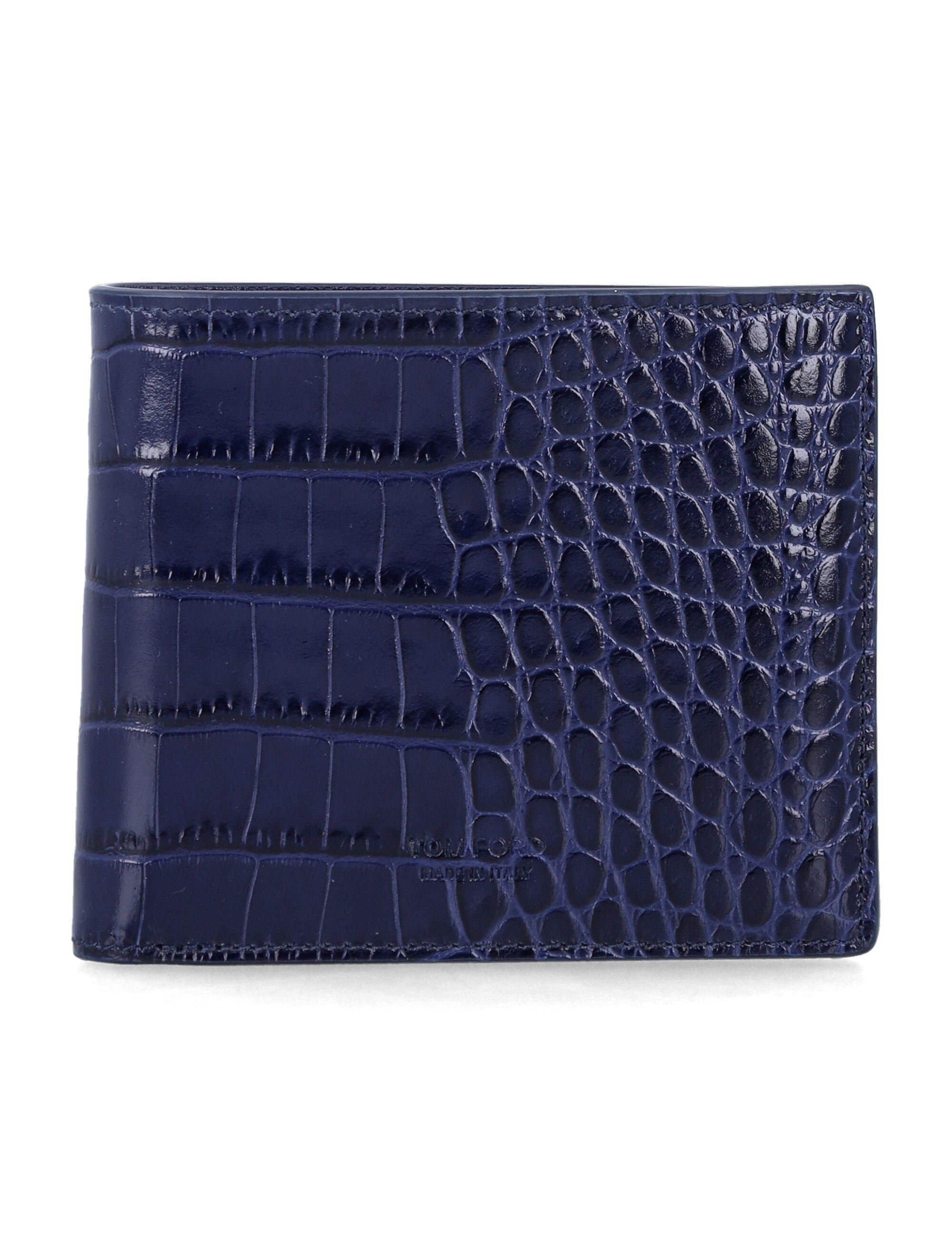 Blue Croc-Effect Leather Bi-Fold Wallet